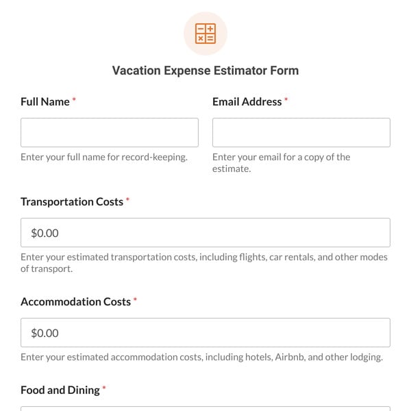 Vacation Expense Estimator Form Template