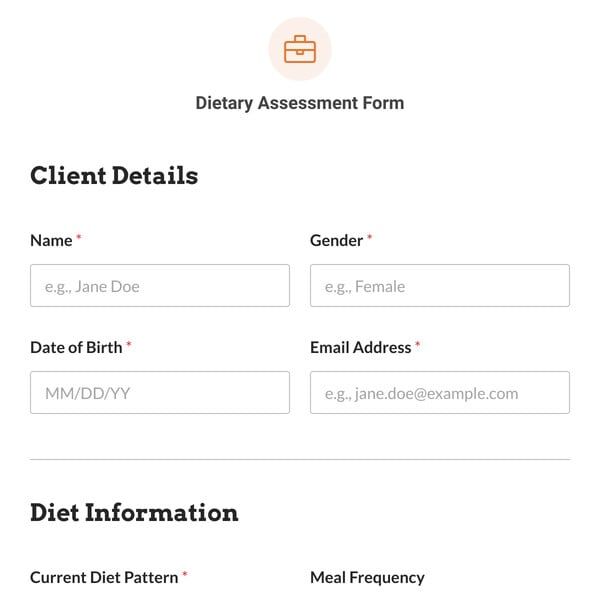Dietary Assessment Form Template