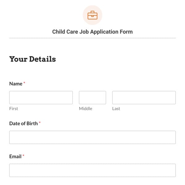 Child Care Job Application Form Template