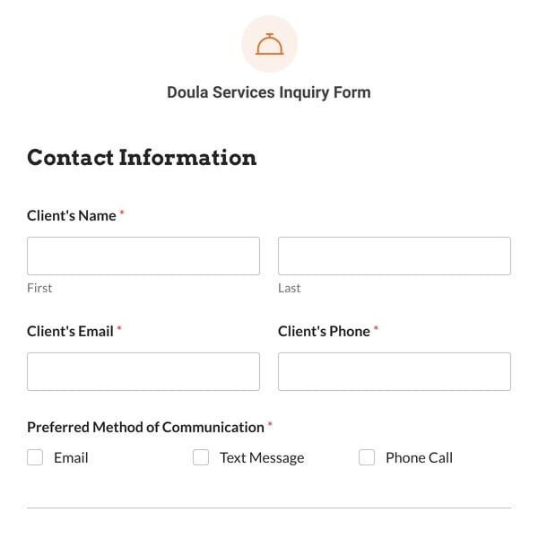 Doula Services Inquiry Form Template