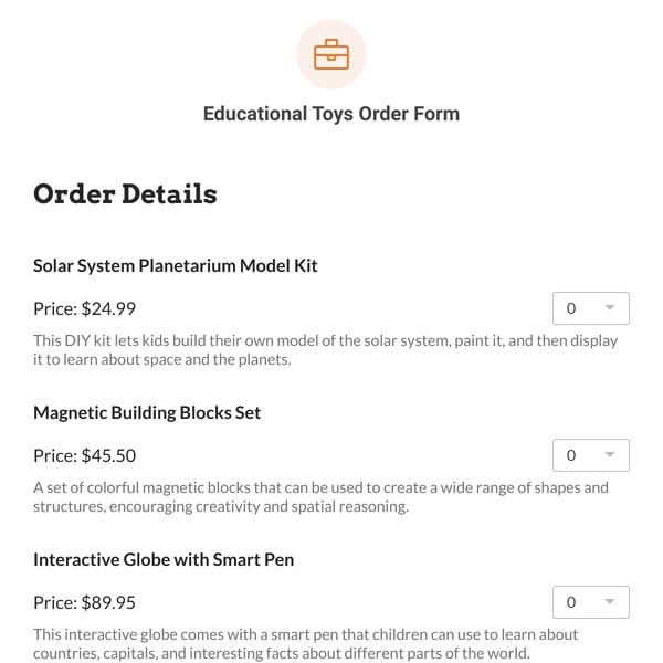 Educational Toys Order Form Template