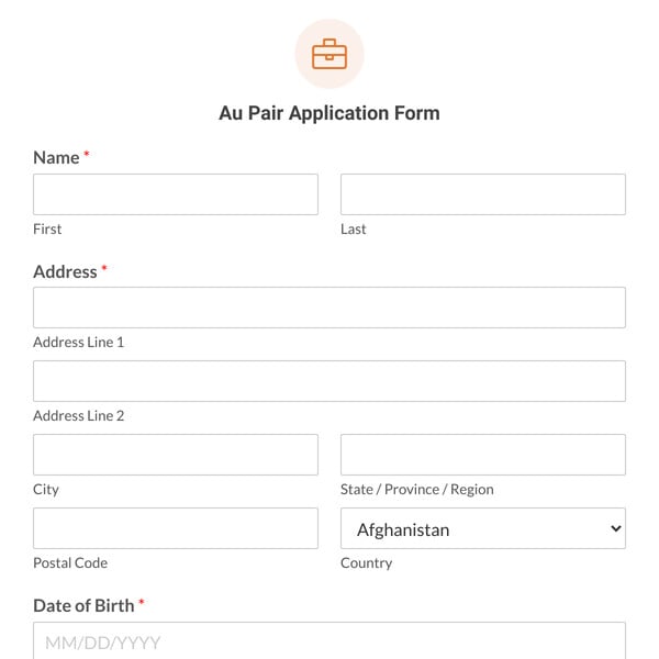 Au Pair Application Form Template