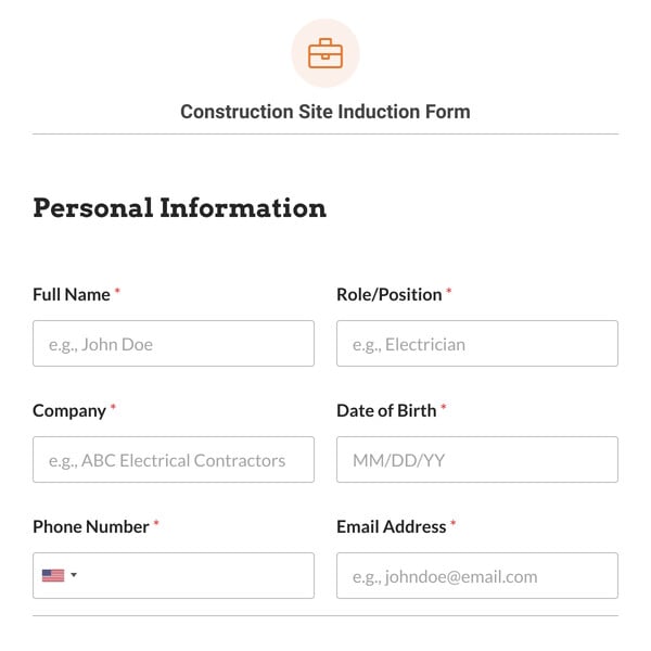 Construction Site Induction Form Template
