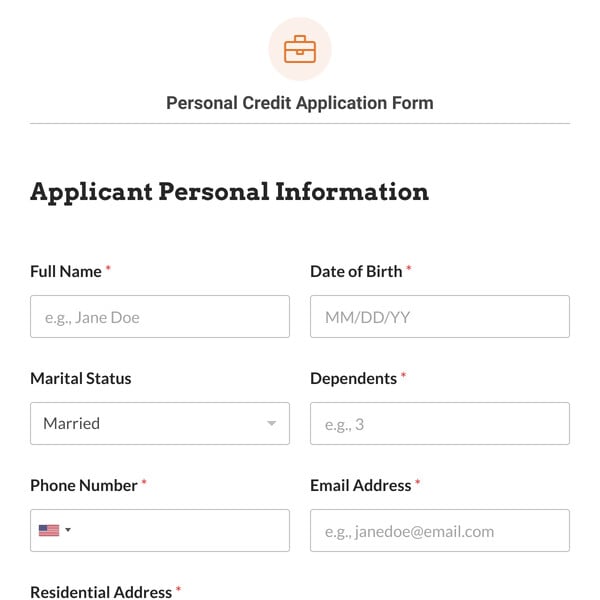 Personal Credit Application Form Template
