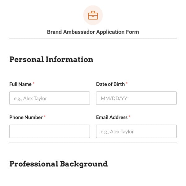 Brand Ambassador Application Form Template