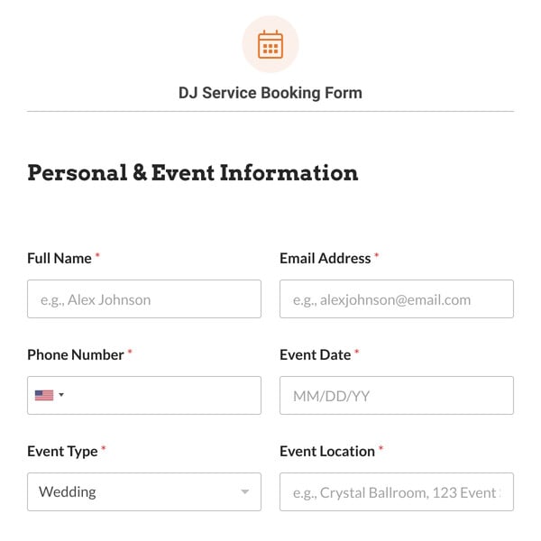 DJ Service Booking Form Template