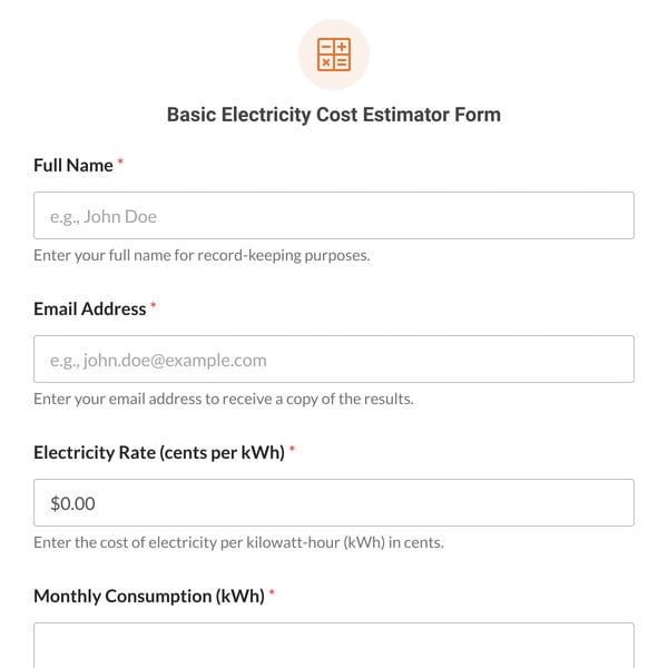 Basic Electricity Cost Estimator Form Template