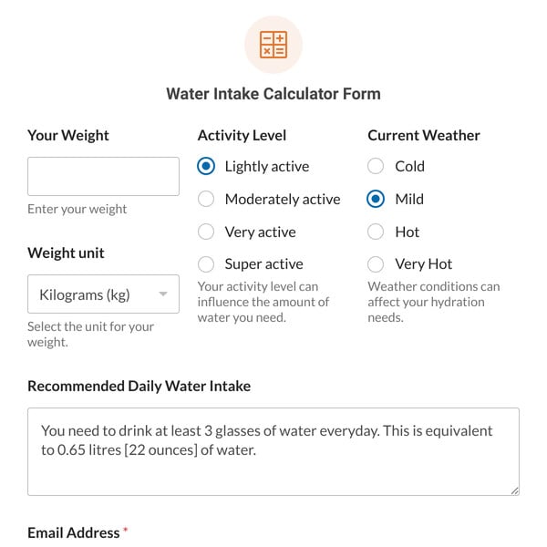 Water Intake Calculator Form Template