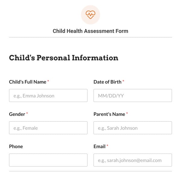 Child Health Assessment Form Template