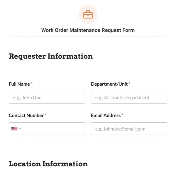 Work Order Maintenance Request Form Template