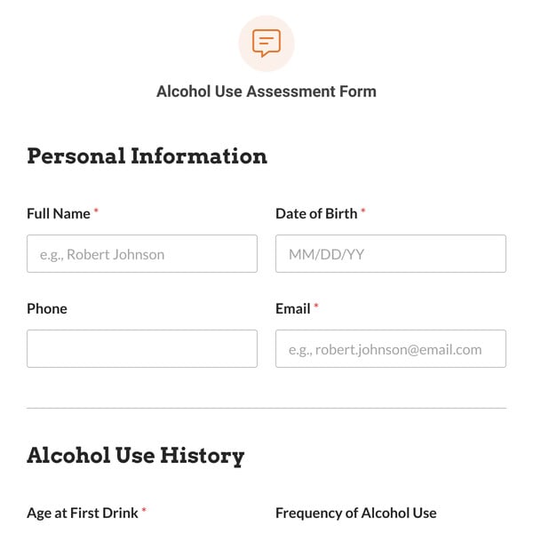 Alcohol Use Assessment Form Template