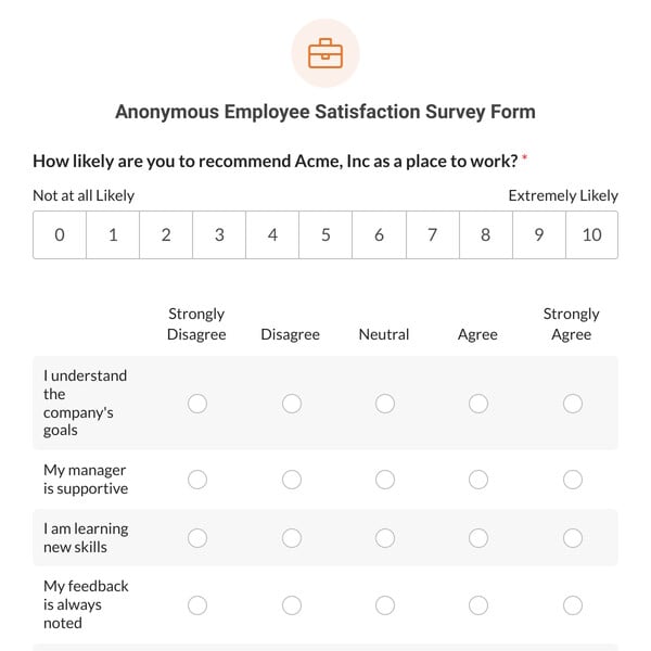 Anonymous Employee Satisfaction Survey Form Template