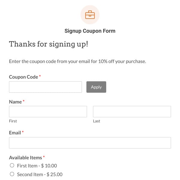 Signup Coupon Form Template