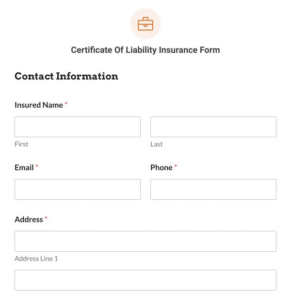 Certificate Of Liability Insurance Form Template