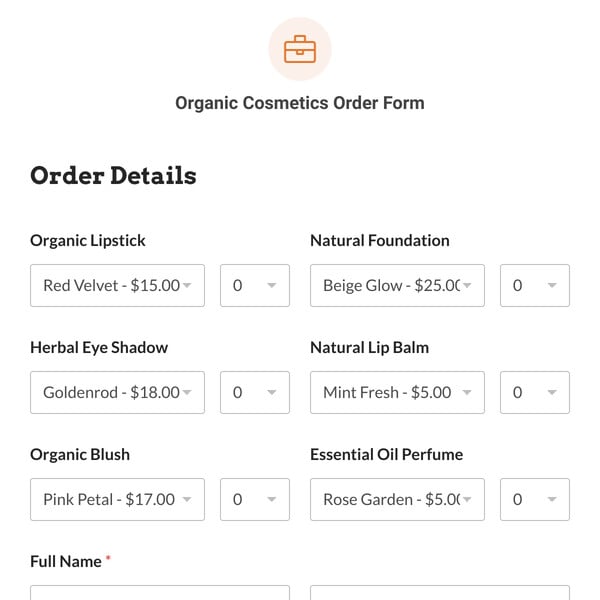 Organic Cosmetics Order Form Template