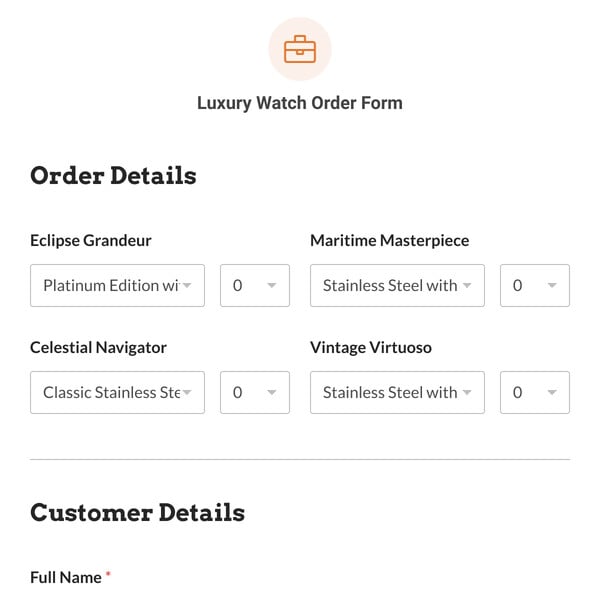 Luxury Watch Order Form Template