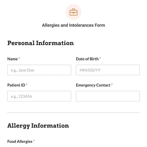 Allergies and Intolerances Form Template