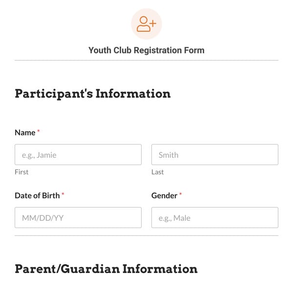 Youth Club Registration Form Template