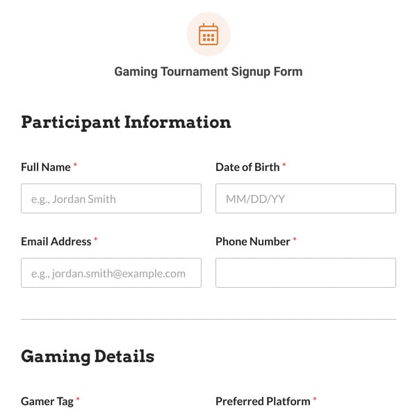 Gaming Tournament Signup Form Template