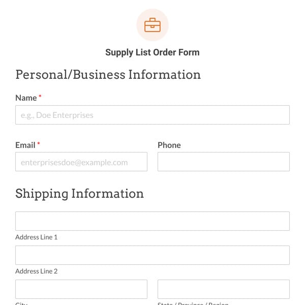 Supply List Order Form Template