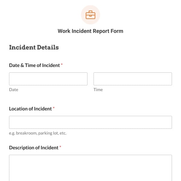 Work Incident Report Form Template