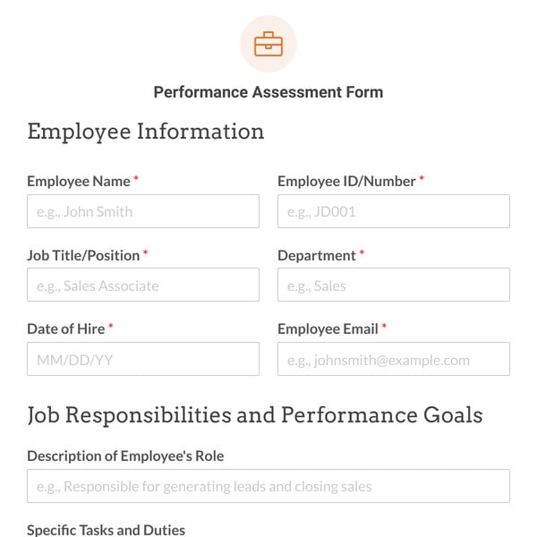 Performance Assessment Form Template