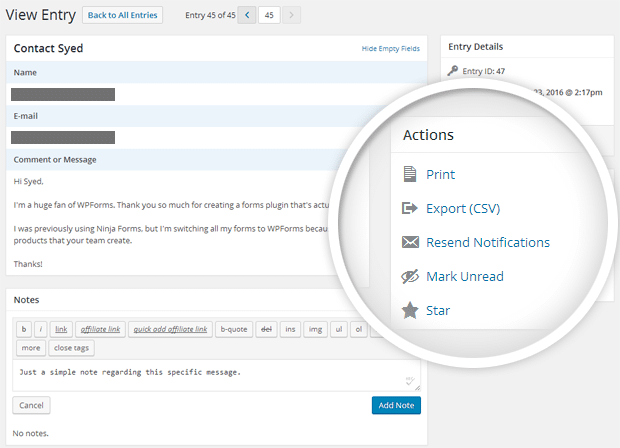 WPForms Entry Actions