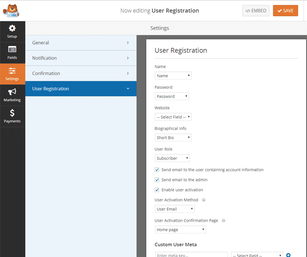 User Registration Form Settings