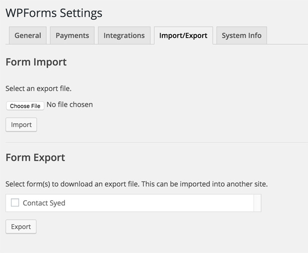 WPForm Import / Export