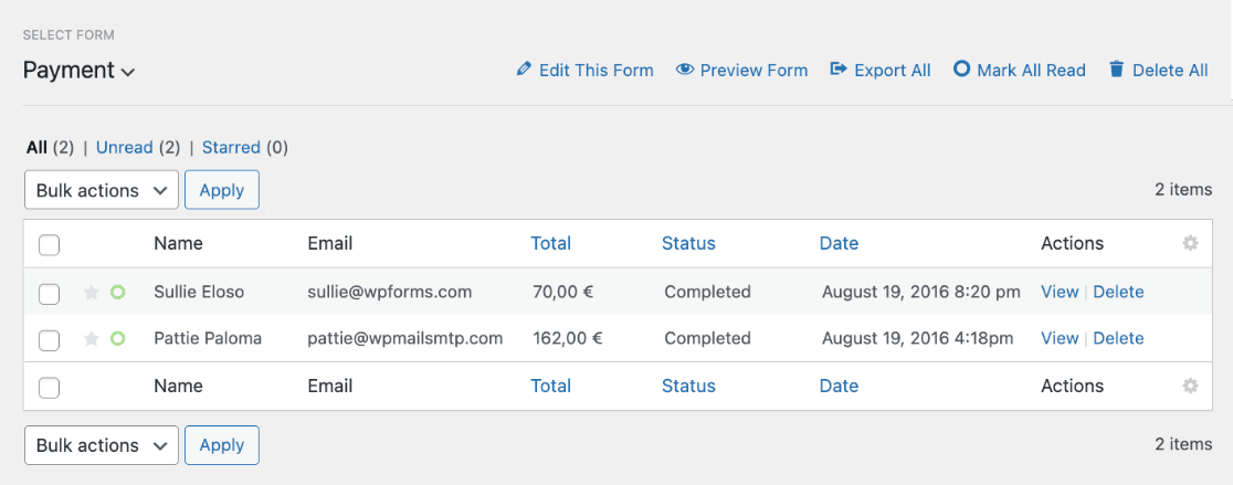 Payment form entries in euros