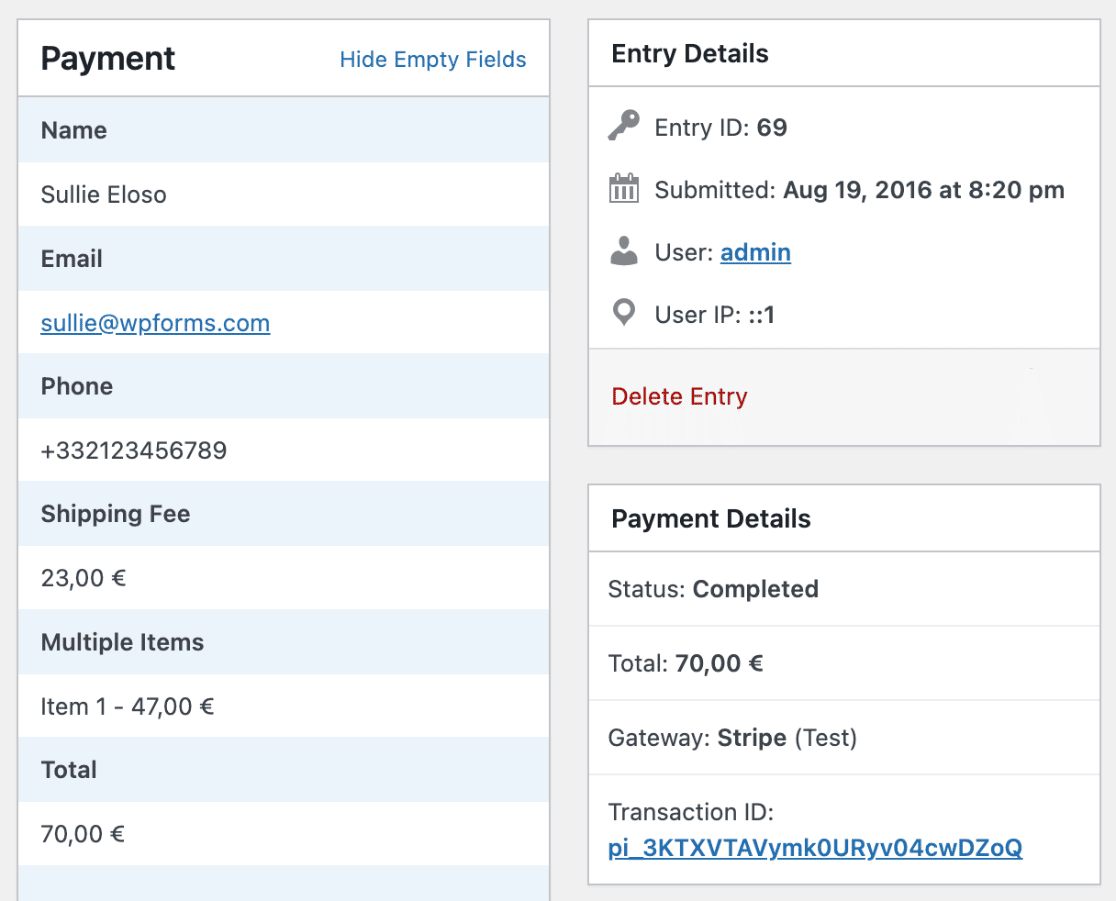 An entry for a payment form with the currency set to Euros