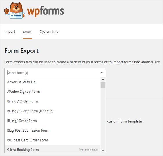export form to wpforms import