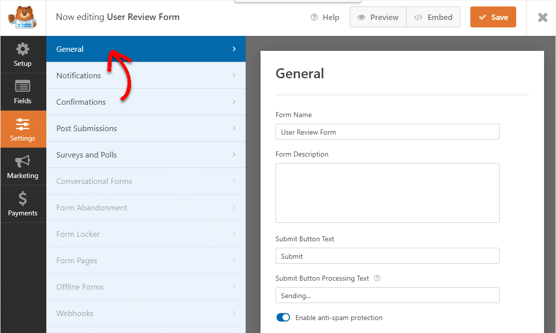 add a user review form to site settings