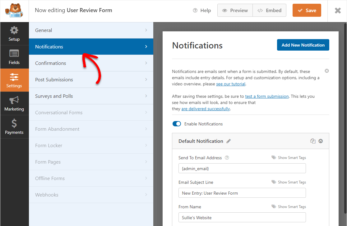 add notifications to user review form