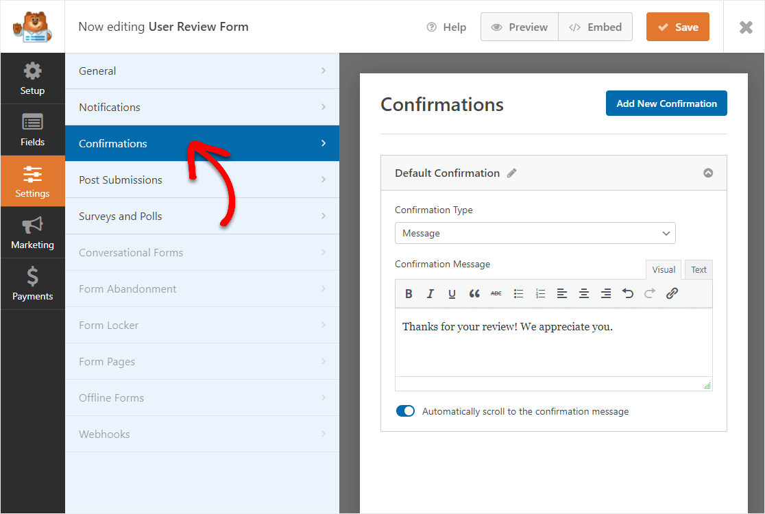 confirmations location in wpforms