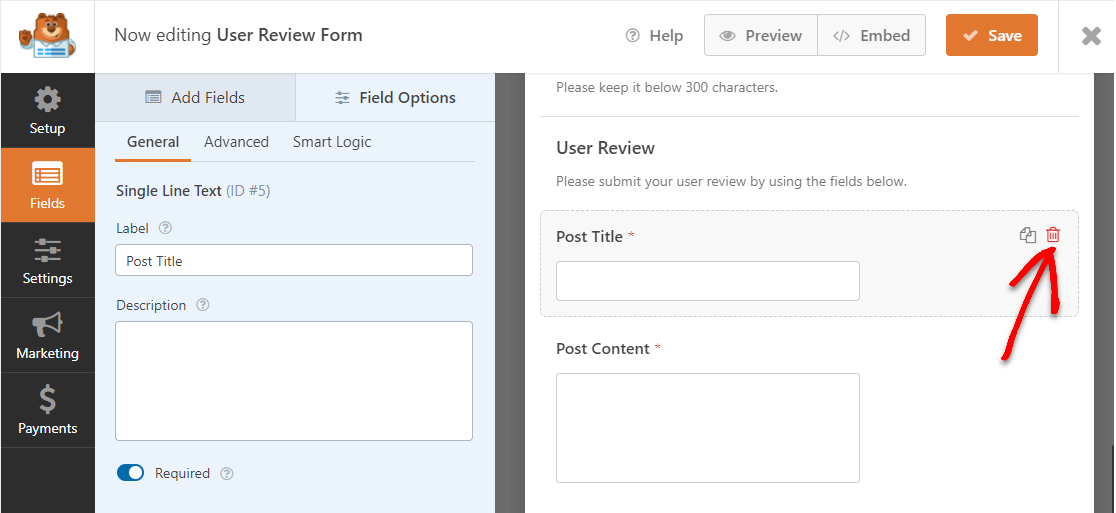 delete user review form post title field