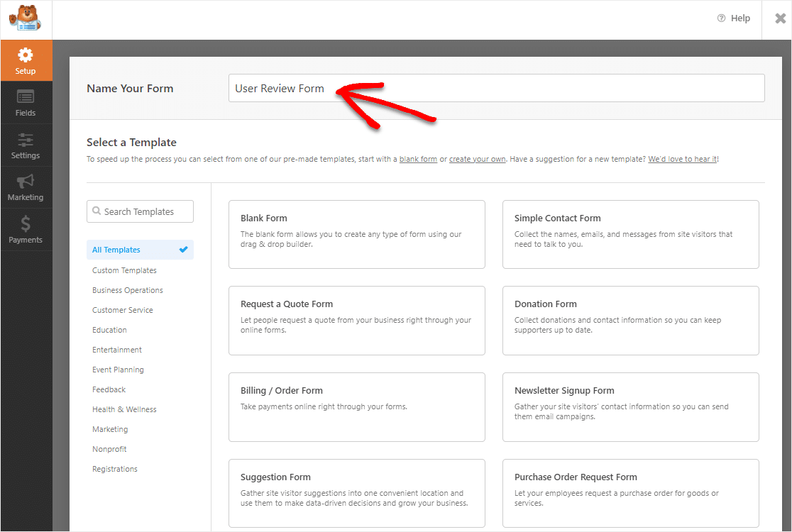 name your user review form to add to site