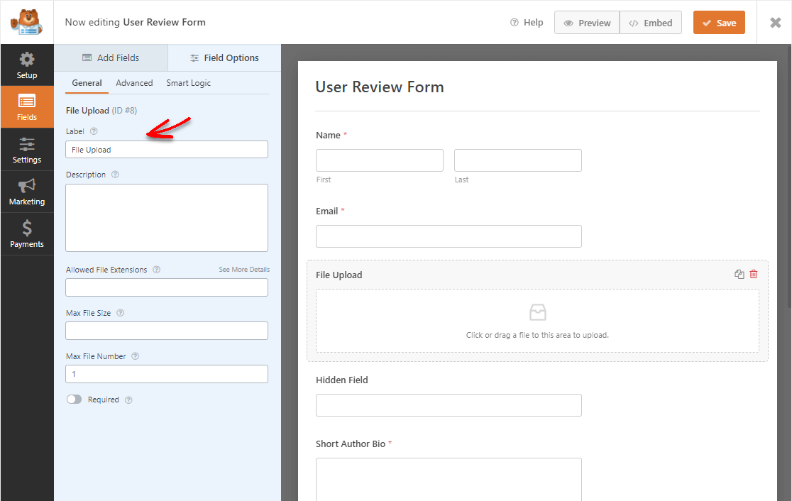 rename form fields on user review form