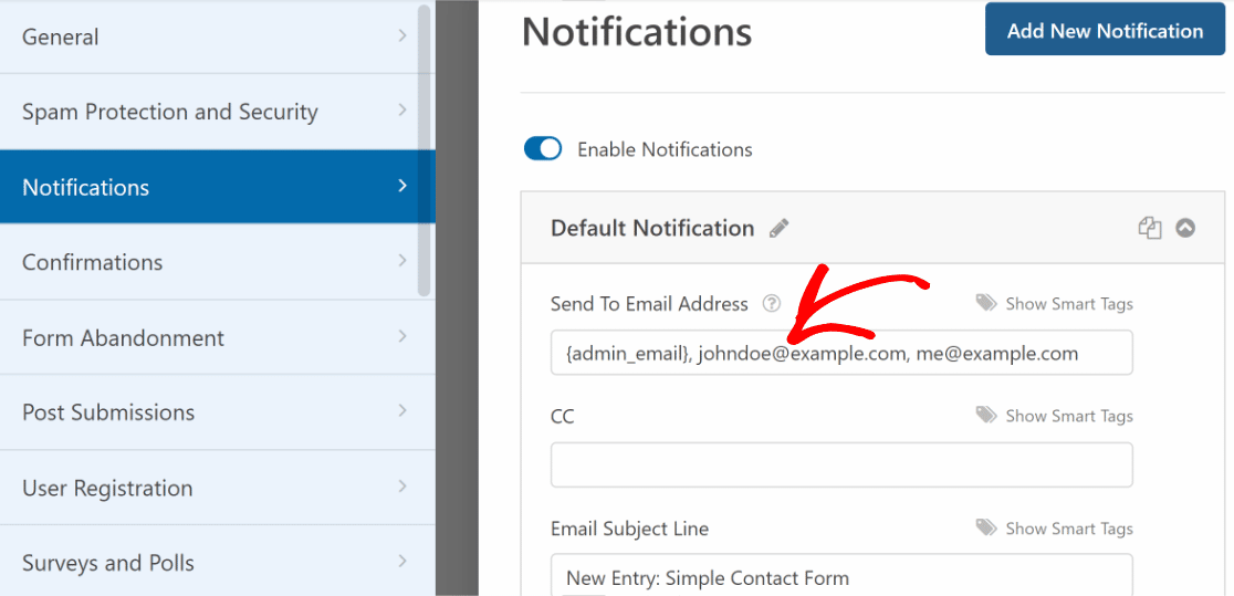 Entering multiple email addresses in the Send To Email Address field