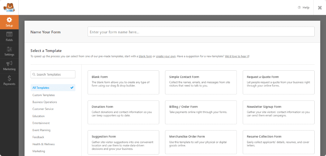 WPForms form setup screen