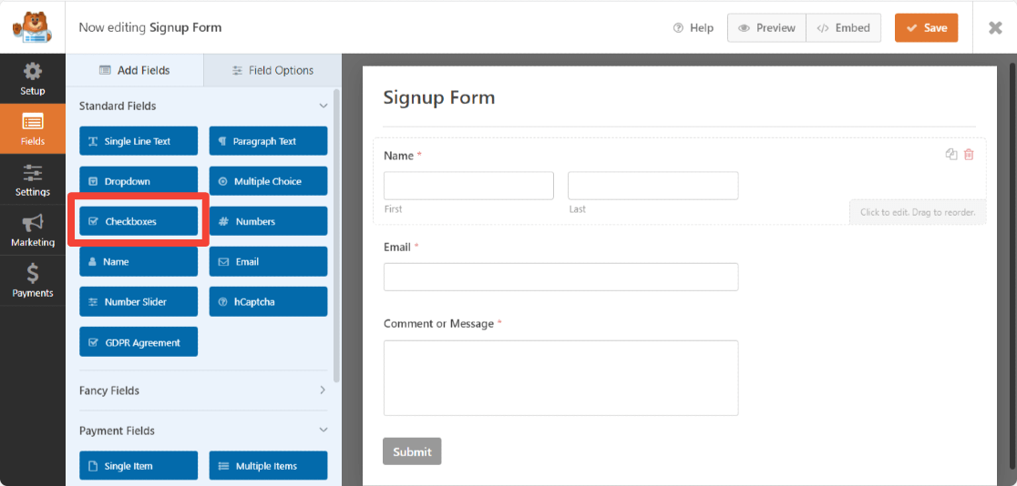 wpforms checkbox field 