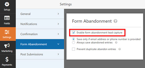 Enabling form abandonment in WPForms