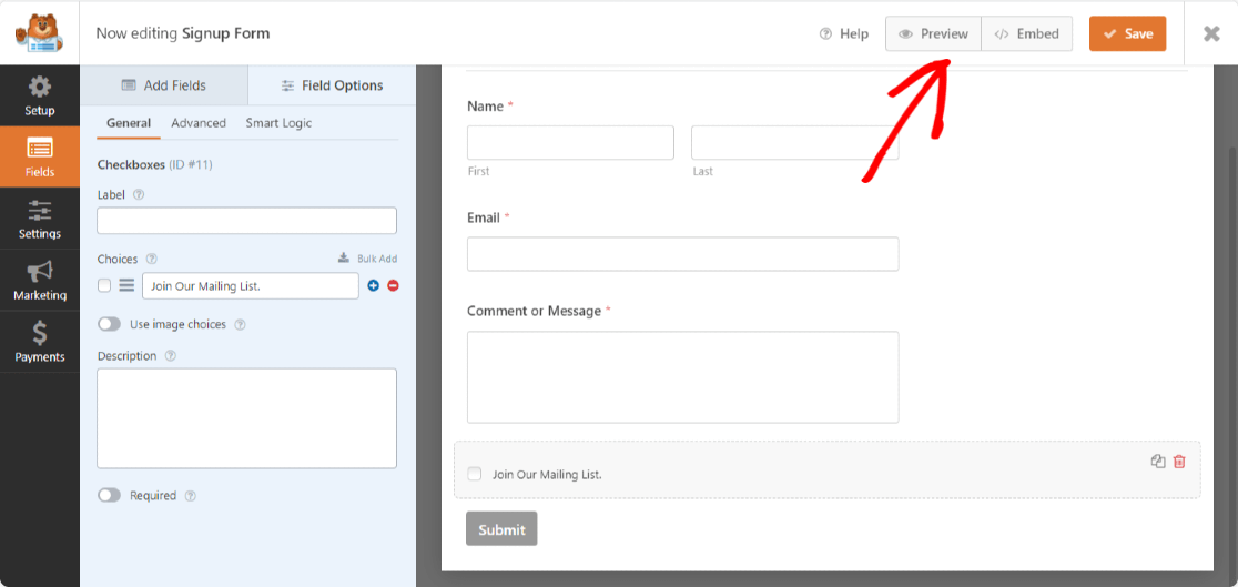 preview button to view mailchimp signup form