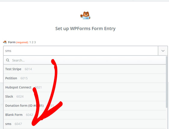 select sms form in zapier to set up wordpress contact form sms notification