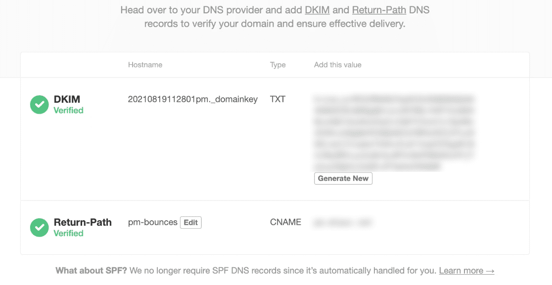 Postmark verified DNS records