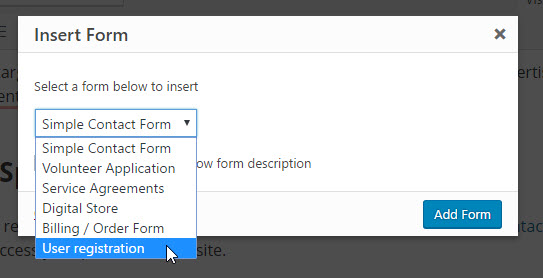 publish user registration form