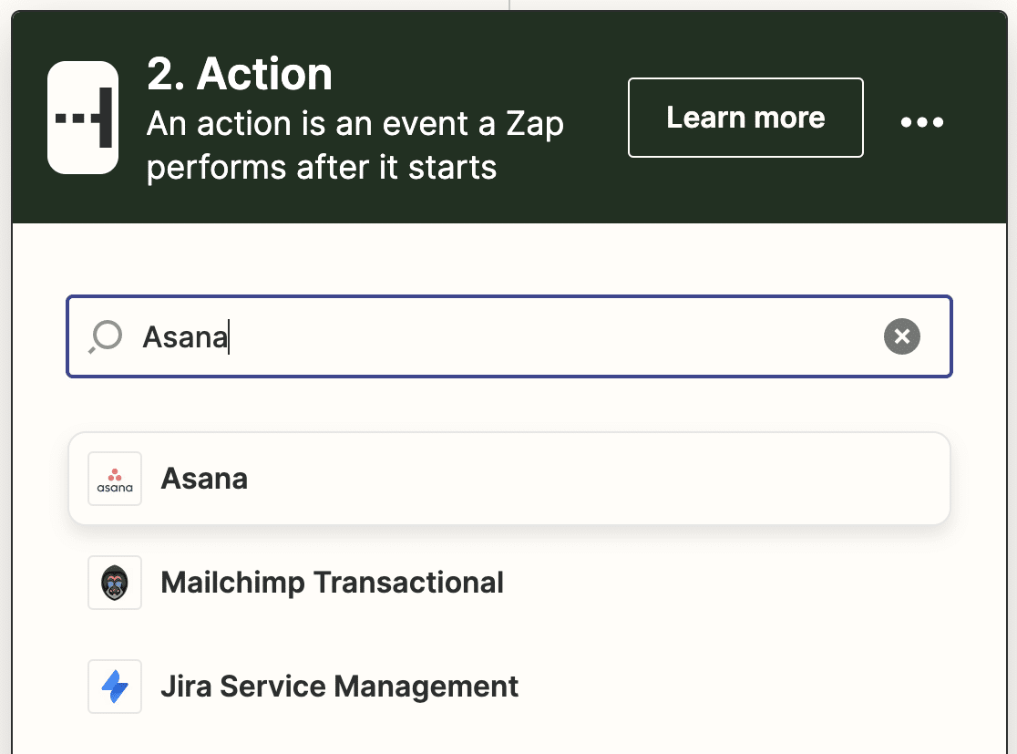 Selecting Asana as your action app in Zapier