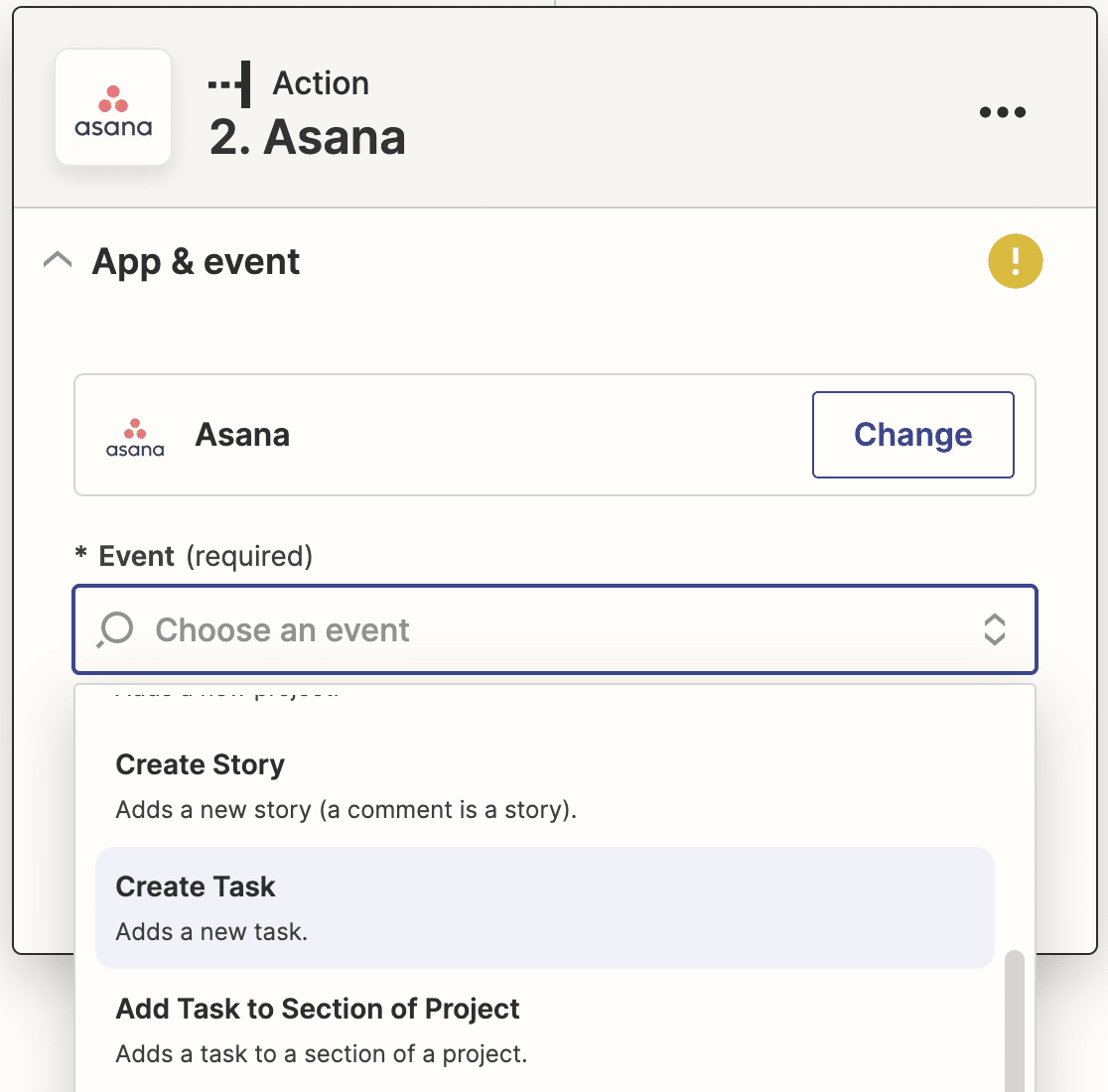 Selecting Create Task as your Asana action in Zapier