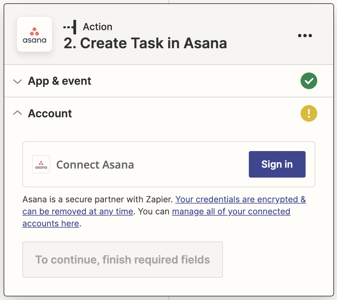 Signing in to Asana in Zapier