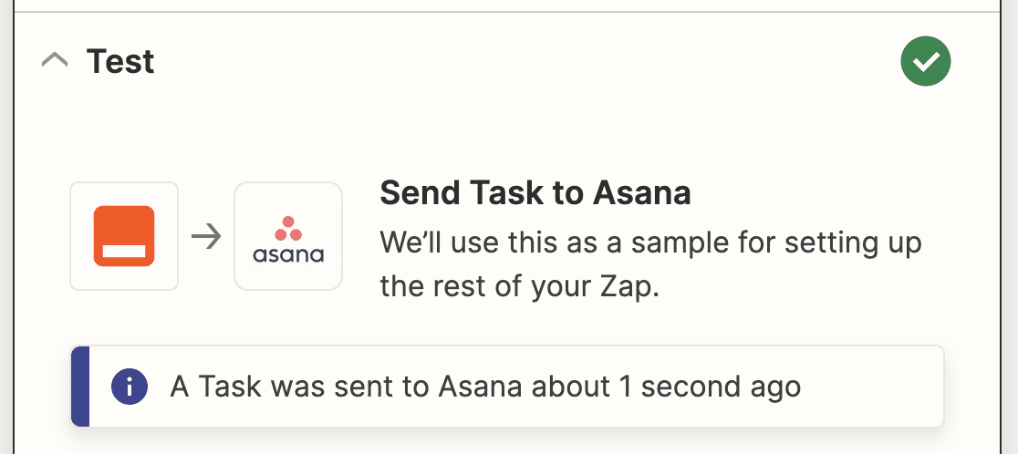 A success message in Zapier for your Asana connection test